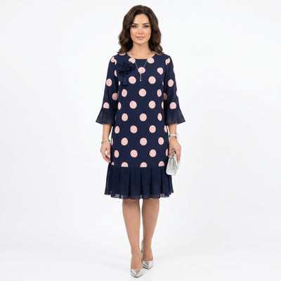 Clara | Vestido Azul Marinho às Bolinhas com Detalhe de Folhos